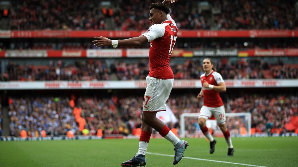 Arsenal’s Alex Iwobi celebrates scoring his side’s second goal at the Emirates Stadium. Photograph: PA