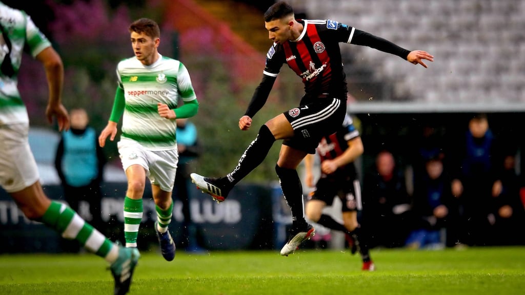 Danny Mandroiu lets fly to score Bohemians’ second goal during the SSE Airtricity League Premier Division match against Shamrock Rovers at Dalymount Park. Photograph: Ryan Byrne/Inpho
