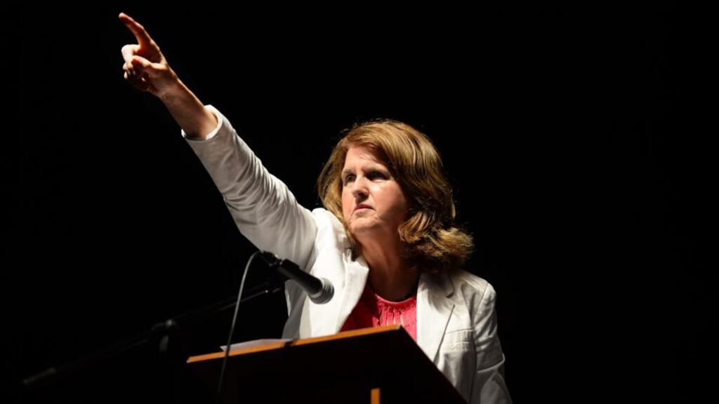 Minister for Social Protection Joan Burton at the Belvedere College Mace debating competition earlier this month. On the issue of social welfare reform, the Minister today said recipients were contracted to do their best to find work, and that taxpayers “want to know their money is well spent and want it to be for a period of time, not forever”. Photograph: Cyril Byrne/The Irish Times