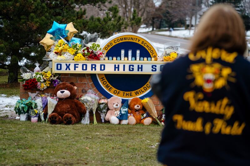 A makeshift memorial outside Oxford High School after a mass shooting on December 1st, 2021. Photograph: Nick Hagen/The New York Times