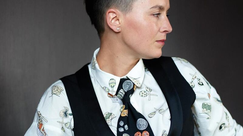 Ieva Sungailaite of Bebrave wearing one of her ties made from upcycled vintage ties.