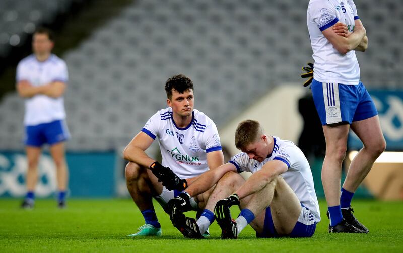 Cill na Martra’s Daniel Ó Dunnín and Antóin Ó Cuana dejected after the defeat to Cullyhanna at Croke Park. Photograph: Ryan Byrne/Inpho
