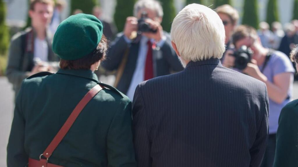 Members of the colour party at the funeral of former Republican Sinn Fein leader Ruairí Ó Brádaigh at the Sacred Heart Church, Roscommon, before his burial at to St. Coman’s Cemetery today. Photograph: Barry Cronin/PA Wire
