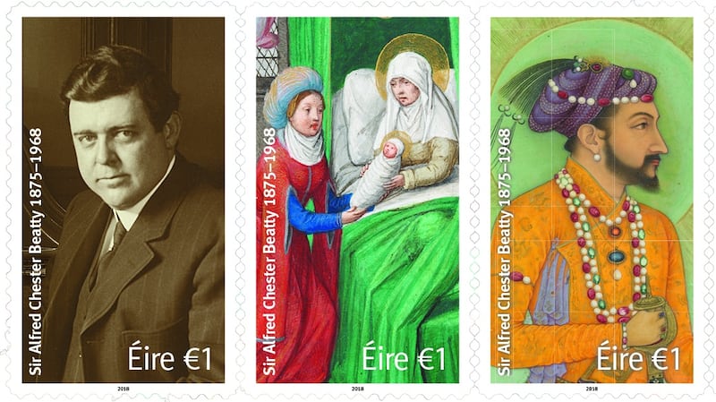 Commemorative stamps issued this year to mark 50th anniversary of the death of Sir Alfred Chester Beatty. The stamps feature a portrait photograph of Beatty (c1934) and images from the library collection.