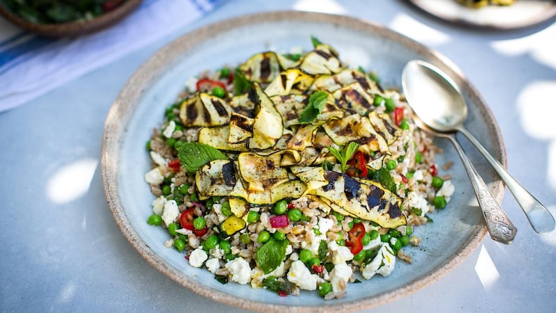 Griddled courgette salad with chilli and mint salsa