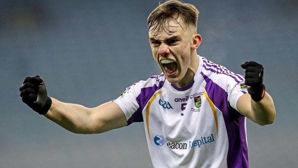 Kilmacud Crokes’ Dan O’Brien celebrates at the final whistle of the AIB Leinster Club SFC semi-final against Portarlington at Croke Park. Photograph: Lorraine O’Sullivan/Inpho