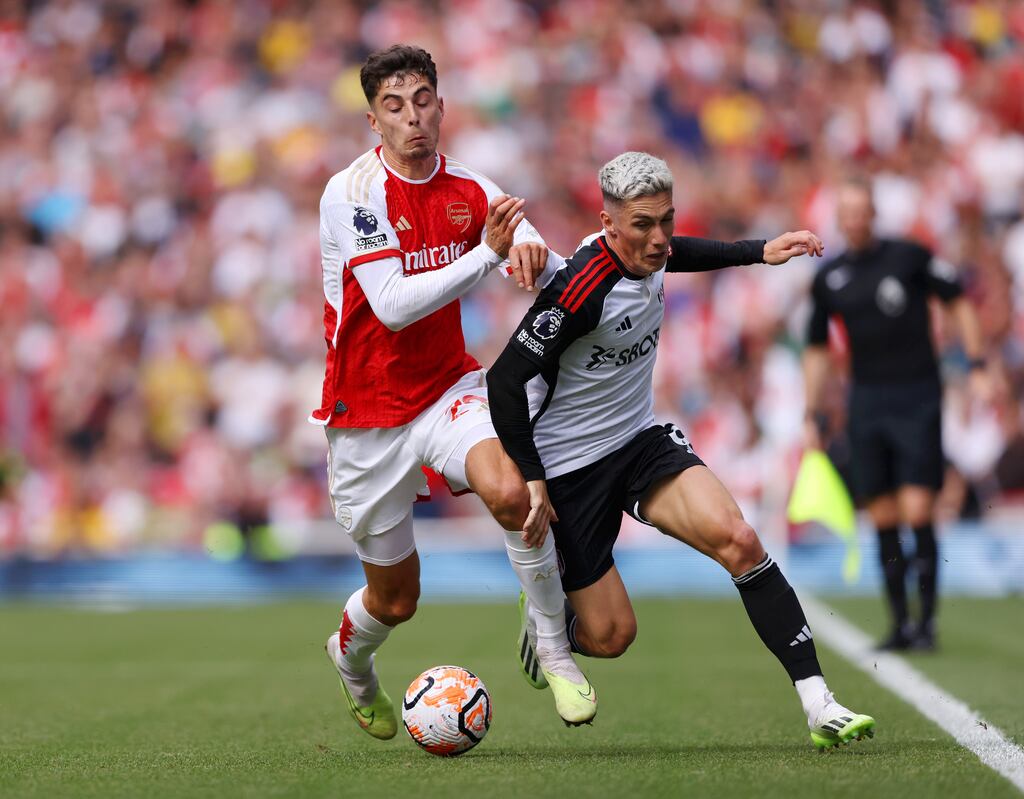Arsenal's Kai Havertz in action against Fulham's Harry Wilson at Emirates Stadium. Photograph: Paul Harding/Getty Images