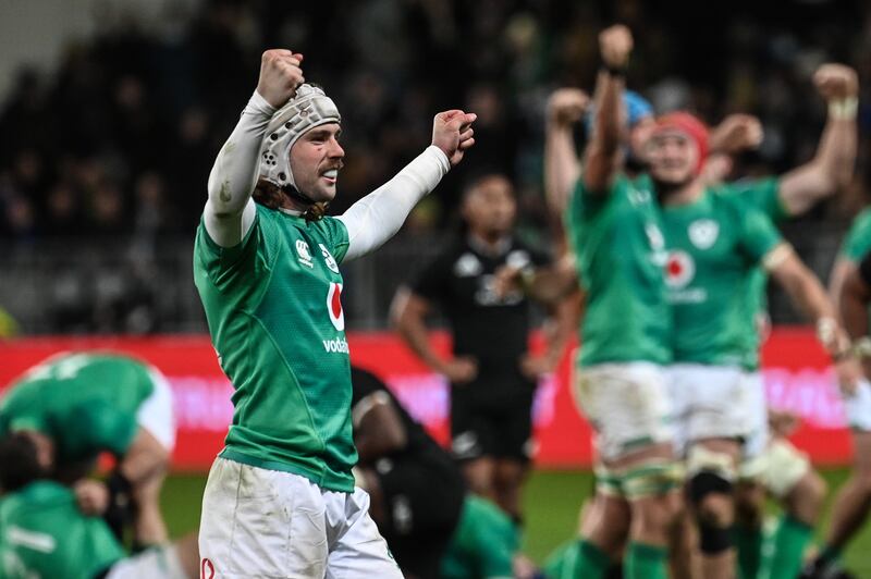 Ireland’s Mack Hansen celebrates at the end of the game after victory over New Zealand in the second Test in Dunedin. Photograph: Andrew Cornaga/Inpho
