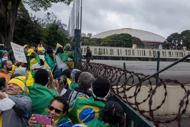 Supporters of Jair Bolsonaro call for a military coup outside a Brazilian army base in São Paulo. Photograph: Victor Moriyama/The New York Times