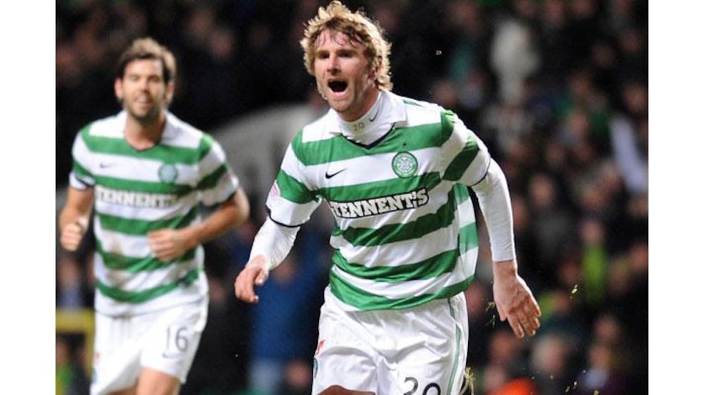 Celtic's Paddy McCourt celebrates after scoring his sides fourth goal during the Scottish Premier League win against Hearts at Celtic Park, Glasgow. Photograph: Craig Halkett/PA Wire