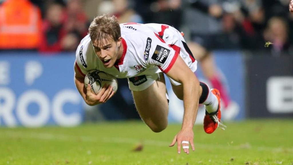 Ulster winger Andrew Trimble dives over for one of his tries in the Guinness Pro12 game at Ravenhill. Photograph: Darren Kidd/Inpho/Presseye