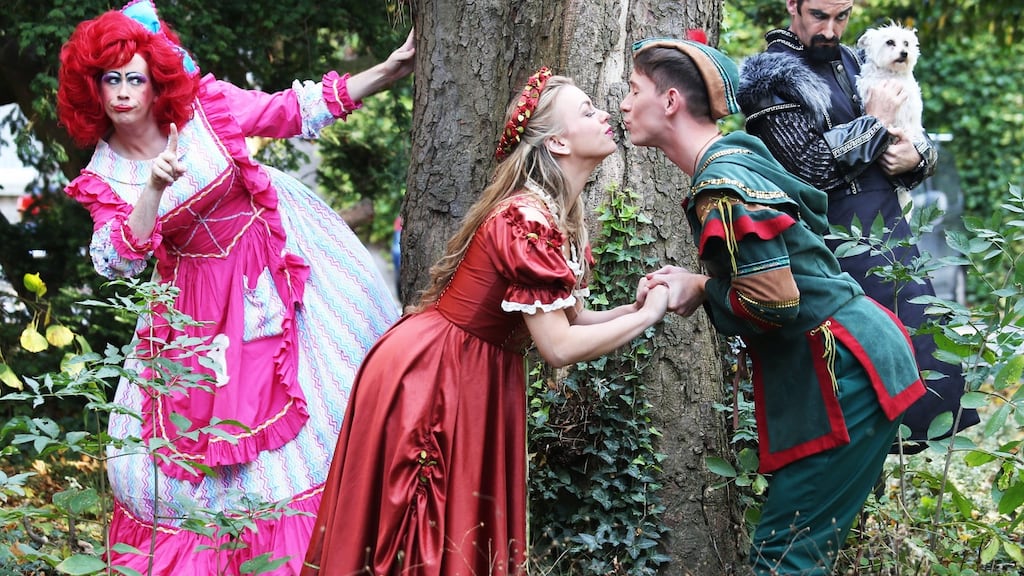Dame Lola (Chris Corroon), Maid Marion (Ciara Mackey), Robin Hood (Gavin Ryan) and Sheriff of Nottingham (Paul Byrom) stars of the Helix Pantomime, Robin Hood, at The Helix, DCU Campus, Glasnevin. Photograph: Leon Farrell/Photocall Ireland