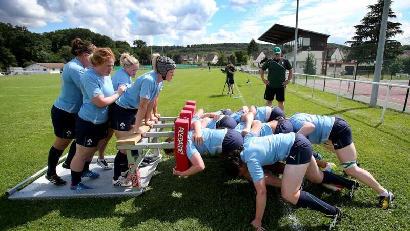 The Ireland women’s rugby squad gets in some scrummaging during a training session at FFR headquarters at Marcoussis, Paris ahead of Friday’s IRB World Cup clash against the USA. Photograph: Dan Sheridan