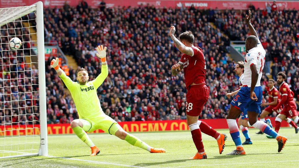 Danny Ings has a goal disallowed at Anfield. Photograph: Carl Recine/Reuters