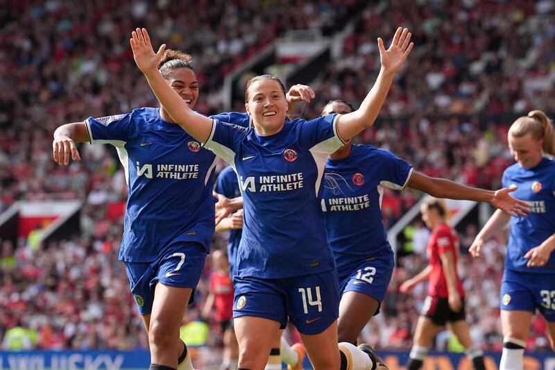 Chelsea's Fran Kirby celebrates after scoring the sixth goal at Old Trafford. Photograph: Martin Rickett/PA Wire