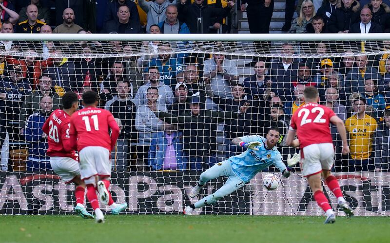 Wolverhampton Wanderers goalkeeper Jose Sa saves a penalty from Nottingham Forest's Brennan Johnson during the Premier League match at Molineux Stadium, Wolverhampton. Photograph: Nick Potts/PA