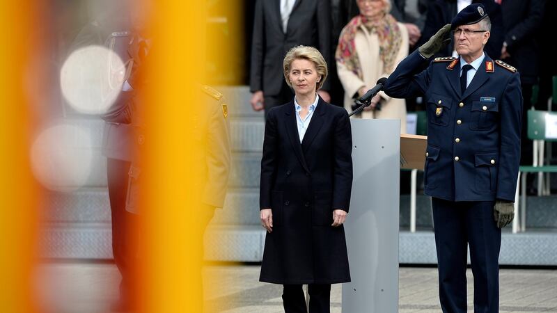 German minister of defence Ursula von der Leyen and Lieut Gen Ludwig Leinhos: “We have to be ready for everything from hacker attack to state attacks. If hackers manage to get into the on-board computer of a jet, human lives are at risk,” says Lieut Gen Leinhos. Photograph: Sascha Steinbach