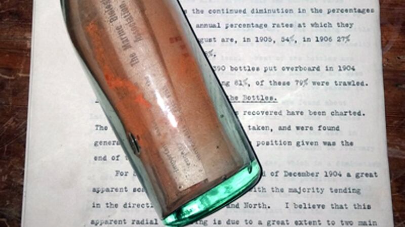 Aa message in a bottle which washed up more than 108 years after it was thrown into the sea, has been confirmed as the world’s oldest. Photograph: Marine Biological Association/PA Wire