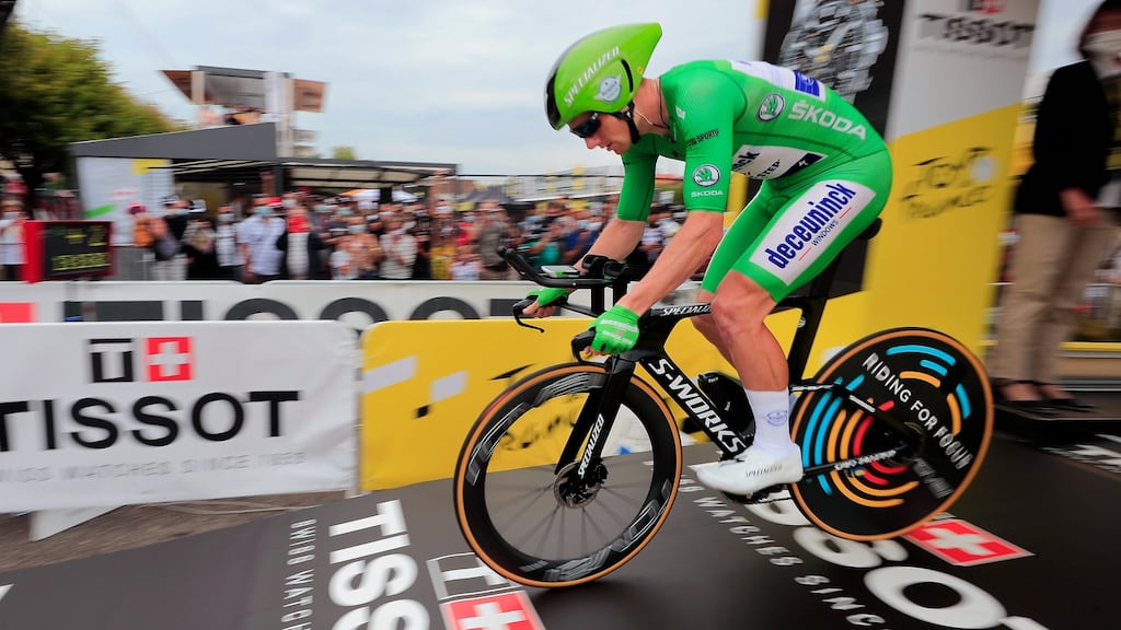 Irish rider Sam Bennett wearing the best sprinter’s green jersey during the 20th stage of the 107th edition of the Tour de France. Photograph: EPA