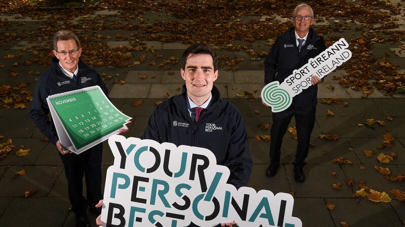 Minister of State for Gaeltacht Affairs and Sport Jack Chambers TD with Prof Niall Moyna, (left), head of the School of Health and Human Performance at Dublin City University, and Sport Ireland chief executive John Treacy in attendance at the launch of Sport Ireland’s Your Personal Best. Photograph: Matt Browne/Sportsfile