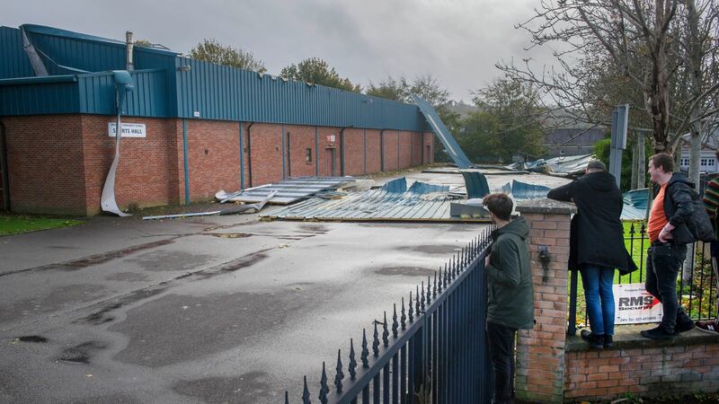 Douglas Community School sports hall roof which was ripped off during Storm Ophelia in Cork city. Photograph: Daragh Mc Sweeney/Provision