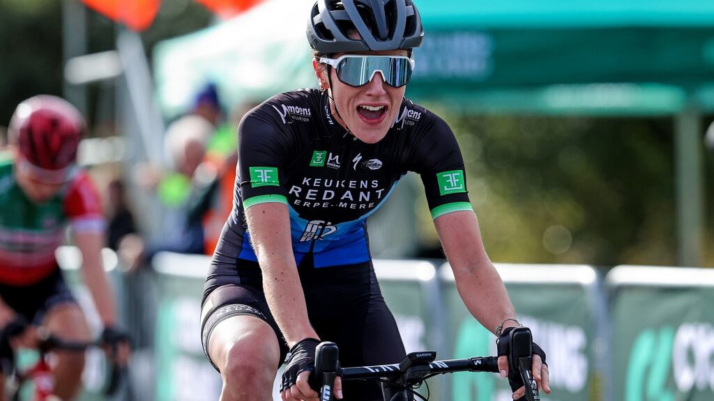 Imogen Cotter crosses the line to win the women’s National Road Championship. Photo: Bryan Keane/Inpho