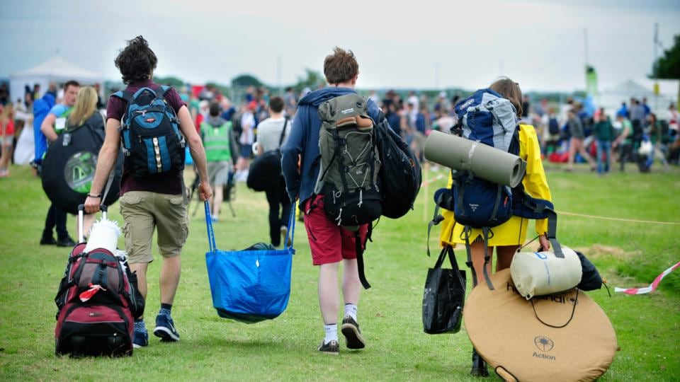 Daragh Connaughton, Pat Mulvaney and Alice Burke, from Dublin arrive at the Body&Soul Festival. Photograph: Aidan Crawley/The Irish Times