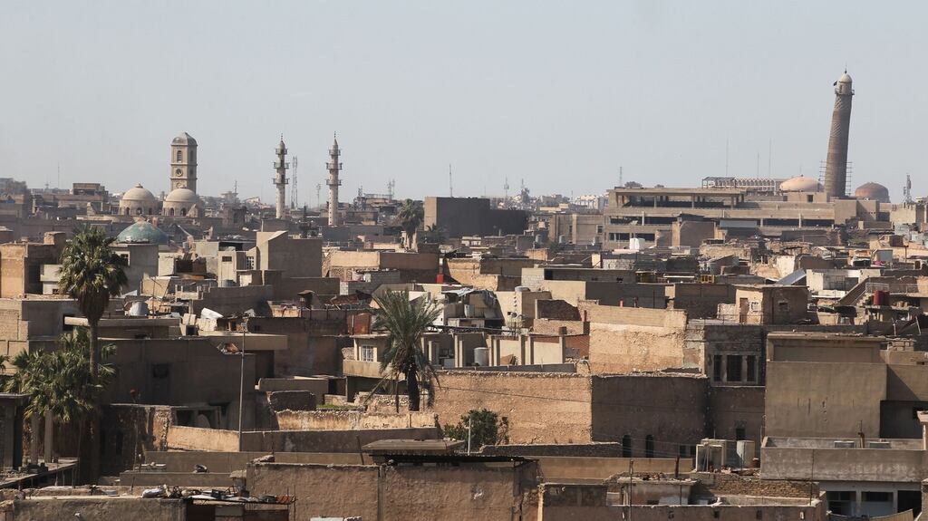 The Mosul skyline featuring the historic leaning minaret of the Great Mosque of al-Nuri in Mosul, where Islamic State (IS) group leader Abu Bakr al-Baghdadi declared his caliphate back in 2014. Photograph: Ahmad al-Rubaye/AFP/Getty Images