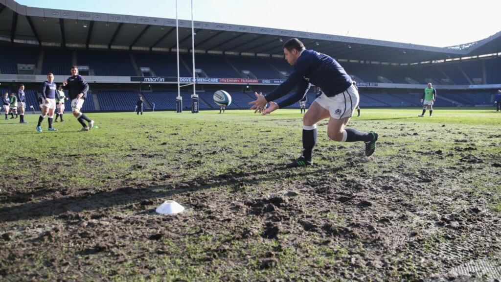Alasdair Dickinson catches the ball during the Scotland captain’s run at Murrayfield Stadium on Friday. Photograph: David Rogers/Getty Images