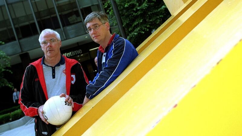 Former Tyrone manager Art McRory with then Cavan manager Val Andrews before the 2001 Ulster final. McRory’s long years of service helped change the county’s ambition and mindset. Photograph: Andrew Paton/Inpho