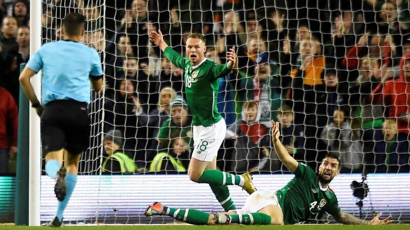 Republic of Ireland’s Aiden O’Brien and Shane Duffy appeal to the referee during the Nations League game against Denmark at the Aviva Stadium. Photograph: Reuters/Clodagh Kilcoyne