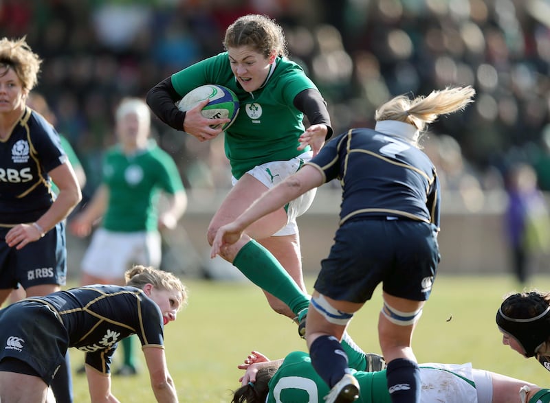 Fiona Coghlan, Ireland captain, in action during the comprehensive win over Scotland. 'Afterwards Scotland presented us with a quail or something, it’s essentially like a little silver bowl, we were pretending that it was the Triple Crown trophy and people did believe us.' Photograph: Dan Sheridan/Inpho