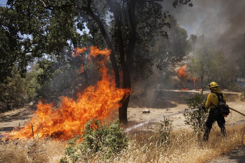 A firefighter battles the Oak Fire in Midpines, California. The fire began on the edge of Yosemite National Park in the afternoon of July 22nd, and rapidly expanded overnight to more than 6,000 acres. Photograph: Peter Da Silva/EPA-EFE/Shutterstock