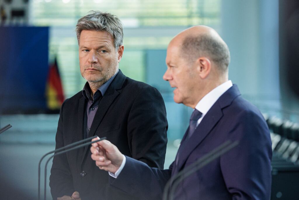 Germany's  minister of economics and climate protection Robert Habeck and German chancellor Olaf Scholz. “If things go well with saving gas, and we have luck with the weather, then we have a good chance to get through the winter,” said Mr Habeck on Monday. Photograph: Jens Schlueter/Getty Images