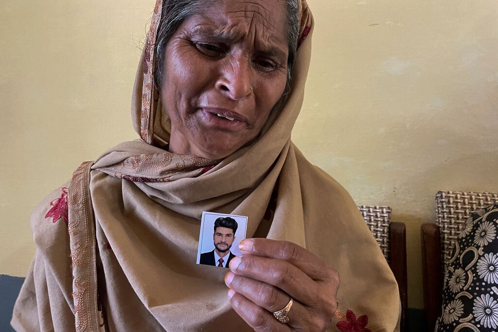 Tazeem Pervaiz, mother of migrant Taquir Pervaiz who is missing after an overloaded trawler capsized and sank in the Ionian Sea, weeps. The Mediterranean is a vast oceanic cemetery and more than 1,200 people died in its waters in 2022 alone. Photograph: Sajjad Qayyum/AFP via Getty Images