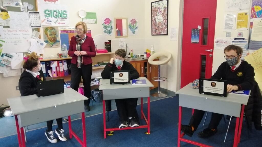 Eimear O’Rourke, principal at the Holy Family School for the Deaf in Cabra, Dublin, with fifth-year students.
