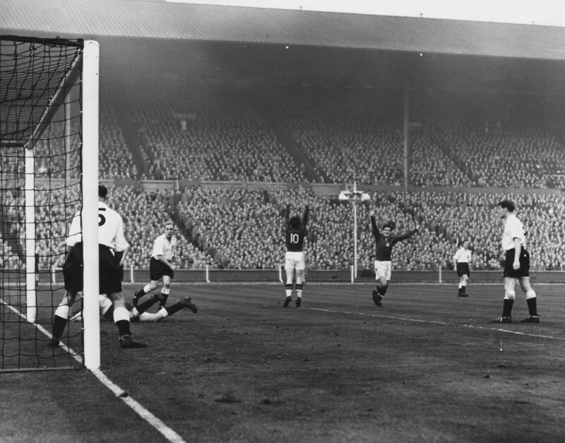 Ferenc Puskás scores for Hungary against England at Wembley Stadium in November, 1953. Photograph: William Vanderson/Fox Photos/Getty Images