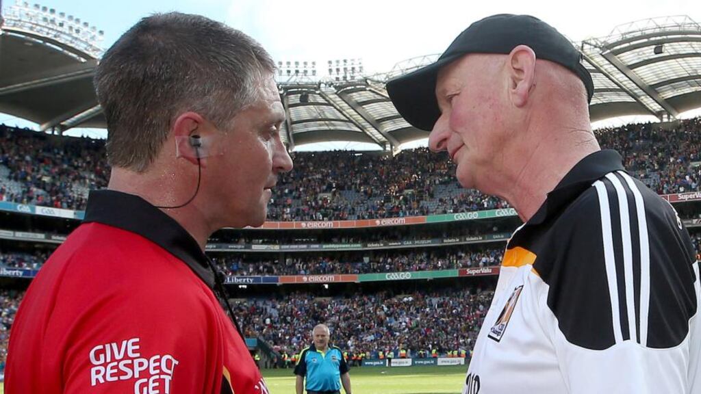 Referee Barry Kelly and Kilkenny manager Brian Cody after the drawn All-Ireland hurling final against Tipperary. Cody was cleared of a misconduct charge in respect of remarks about Kelly. Photograph: Inpho