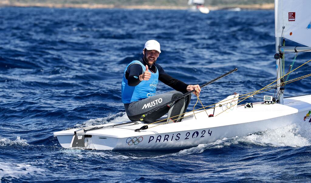 Ireland’s Finn Lynch celebrates after finishing third in the Princess Sofia Regatta in Mallorca. Photograph: David Branigan/Inpho/Oceansport