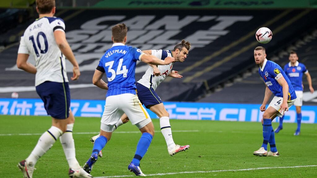 Tottenham Hotspur’s Gareth Bale scores the winning goal against Brighton and Hove Albion. Photograph: Getty Images