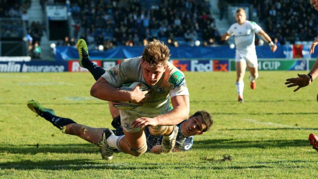 Leinster’s Jordi Murphy scores their third try against Castres. Photograph: Billy Stickland/Inpho