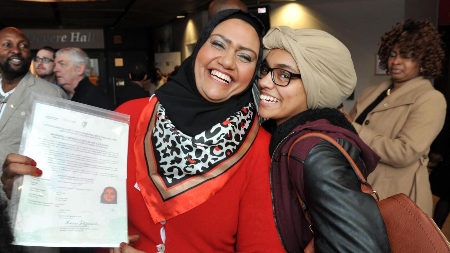 New citizen Mona Elhilall from Sudan with her daughter Dagalla in UCC. Photograph: Daragh Mc Sweeney/Provision
