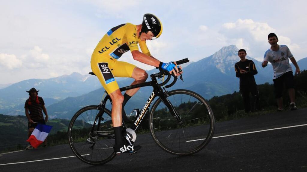 Chris Froome of Great Britain and SKY Procycling on his way to finishing first during stage seventeen of the 2013 Tour de France, a 32KM Individual Time Trial from Embrun to Chorges. Photograph: Doug Pensinger/Getty Images