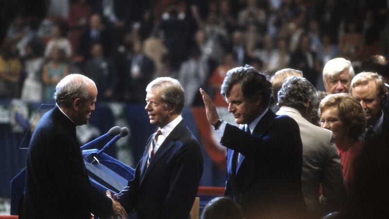 President Jimmy Carter is congratulated by Senator Robert Drinan and presidential candidate senator Ted Kennedy after giving a speech at the Democratic National Convention, New York, August 1980. Photograph: David Hume Kennerly/Getty