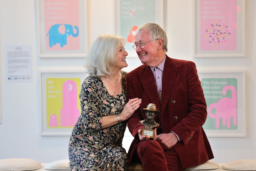 Actor Bryan Murray pictured with his wife Una Crawford when he received the inaugural Pratchett Prize in 2024. Photograph: Dara Mac Dónaill