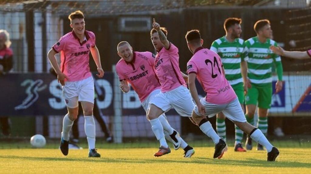 Andy Mulligan celebrates Wexford Youths’ opener. Photograph: Inpho
