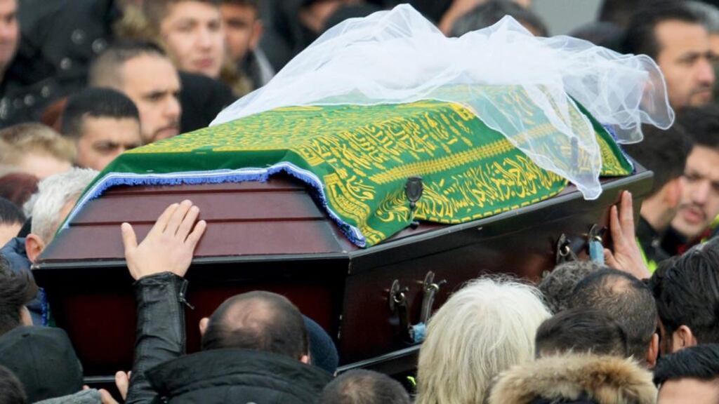 Thousands of mourners gather for the funeral of Tugce Albayrak in Waechtersbach, Germany today. Photograph: EPA