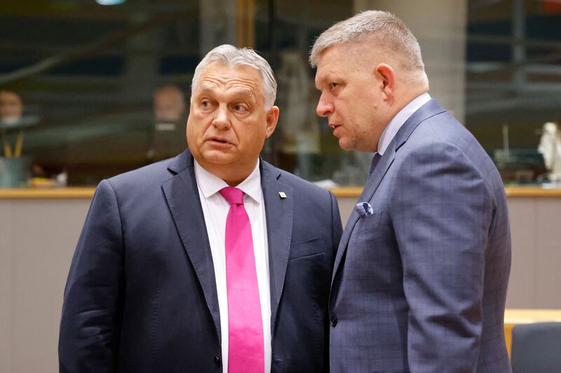 Hungary's prime minister Viktor Orban and his Slovakian counterpart Robert Fico. Photograph: Ludovic Marin/AFP/Getty