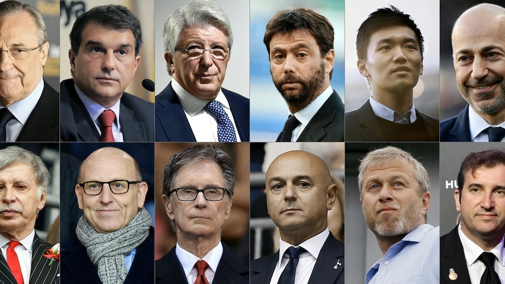 The owners or chairmen of the 12 European clubs that announced the launch of the European Super League: (from top left to bottom right) Real Madrid’s Florentino Perez; FC Barcelona’s Joan Laporta; Atletico Madrid’s Enrique Cerezo; Juventus’s Andrea Agnelli; Inter Milan’s Steven Zhang; AC Milan’s Ivan Gazidis; Arsenal’s Stan Kroenke; Manchester United’s Joel Glazer; Liverpool’s John W Henry; Tottenham Hotspur’s chairman Daniel Levy; Chelsea’s Roman Abramovich; and Manchester City’s Ferran Soriano