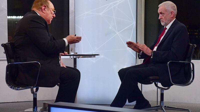 British Labour Party leader Jeremy Corbyn as he appears on BBC’s The Andrew Neil Show. Photograph: Getty Images